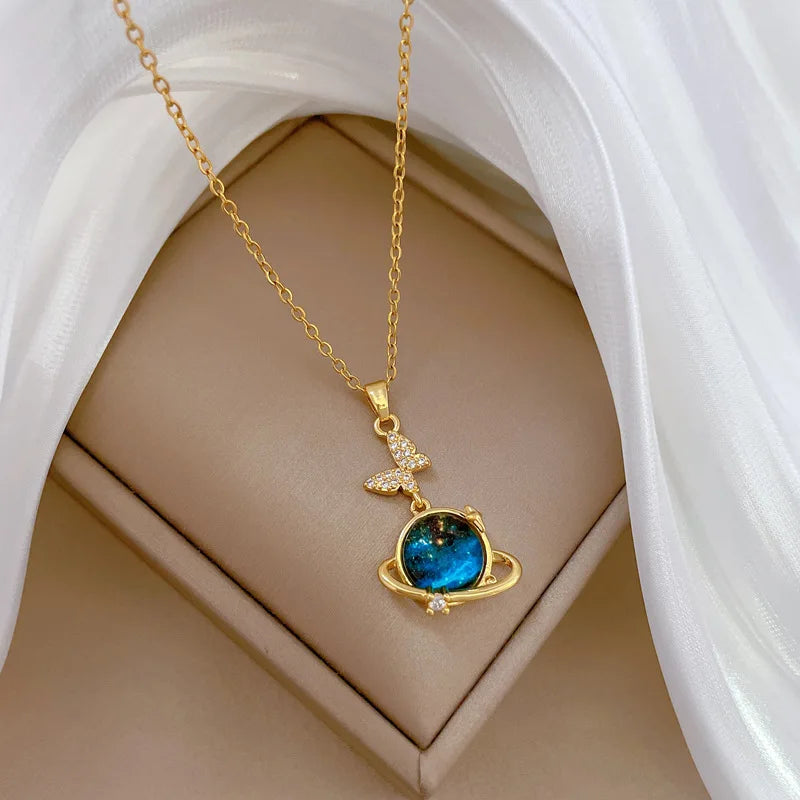 Starry Sky Butterfly Pendant Necklace Gold Stainless Steel Pendant Necklace Nixie