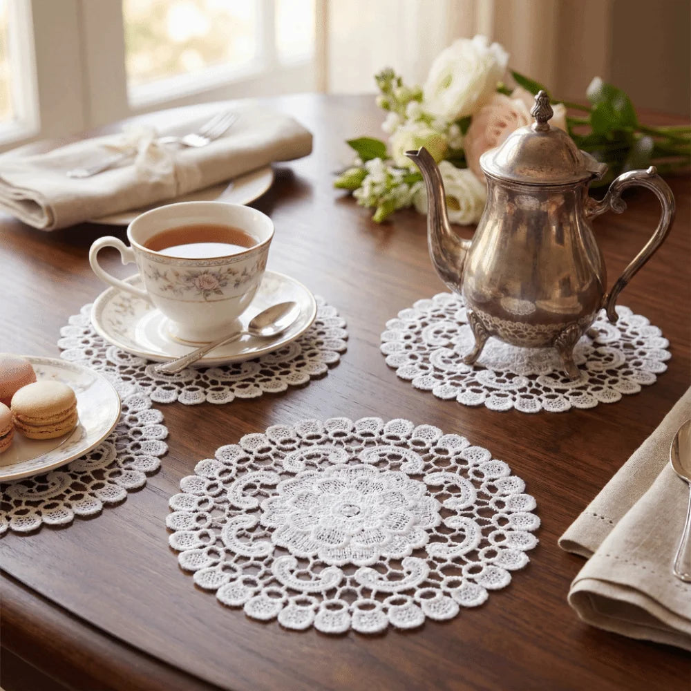 Round White Lace Embroidery Placemat – Floral Hollow Table Mat Lace Table Placemat Nixie