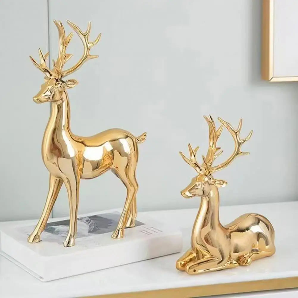 Gold Christmas Reindeer Statue Pair – Elk Figurine Home Décor Holiday Figurine Set Nixie