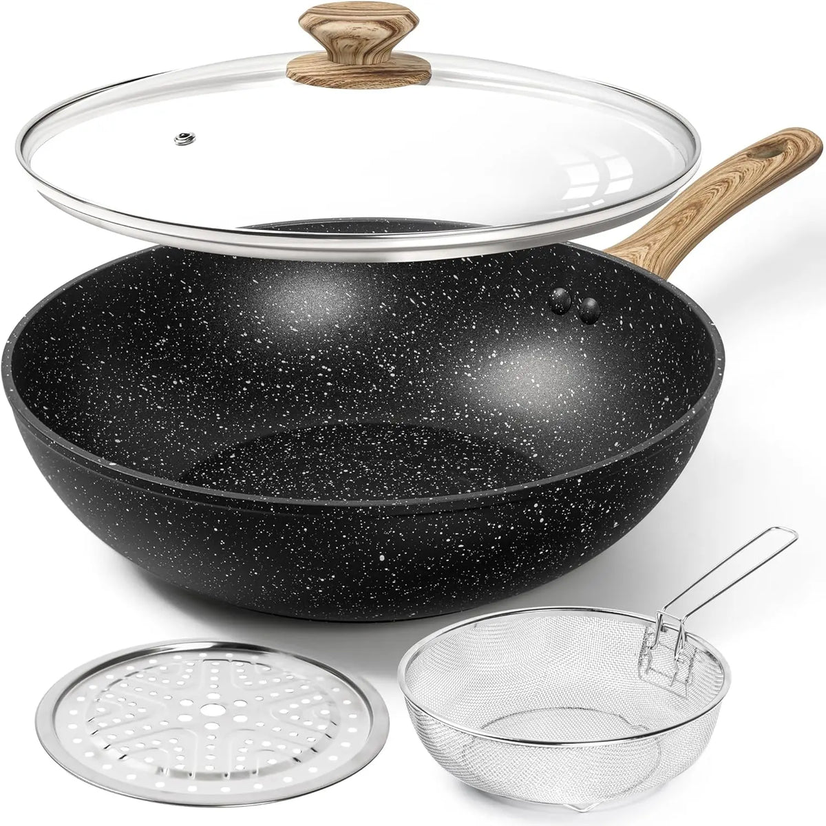 MICHELANGELO 12" Non-Stick Wok Set with Lid, Steamer & Fry Basket Non-Stick Wok Set Nixie Black