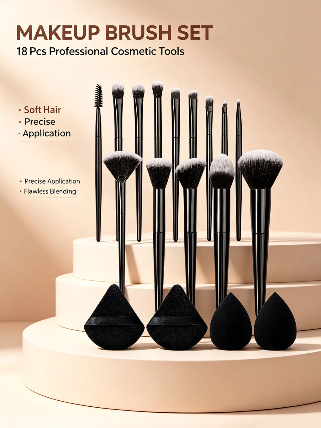 18PCS Makeup Brush Set with Sponges & Puffs – Soft Synthetic Makeup Brush Set Nixie black