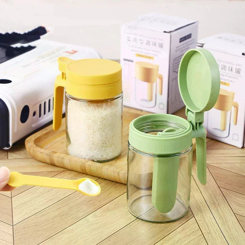 2-in-1 Glass Seasoning Jar with Spoon | Moisture-Proof Salt Can