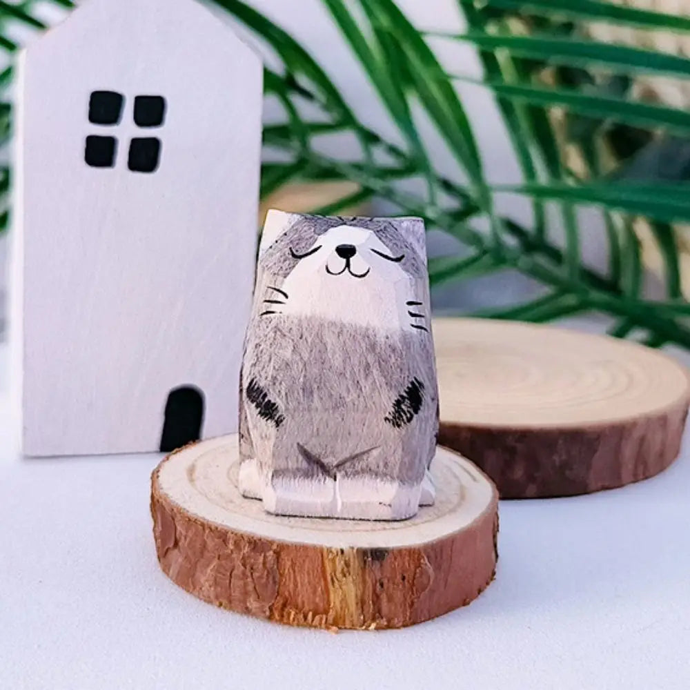 Carved Wooden Animal Figurine – Bear, Cat & Sheep Desk Decor Wood Figurine Nixie
