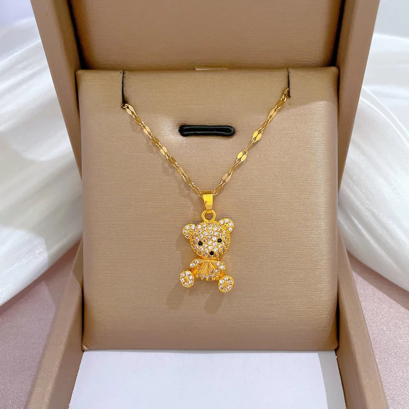 Luxury Bear Pendant Necklace – Gold Stainless Steel Clavicle Chain Pendant Necklace Nixie