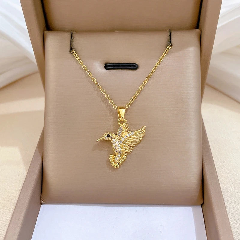 Bird Pendant Choker Necklace | Gold Stainless Steel & Zircon Pendant Choker Necklace Nixie