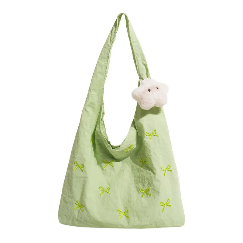 Korean Bow Embroidered Large Canvas Tote Bag for Women | Nixie Canvas Tote Bag Nixie
