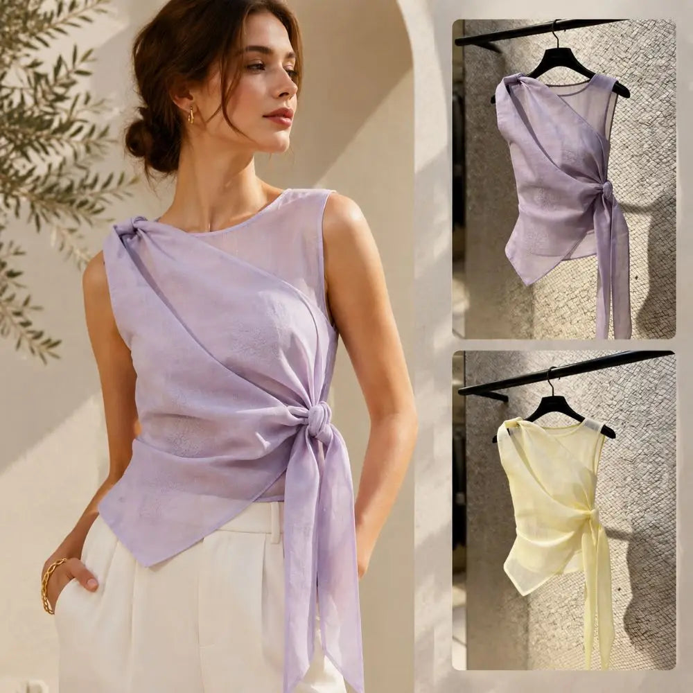 Women's Sleeveless Tulle Tie-Front Top | Elegant Chinese Style Sleeveless Vest Top Nixie