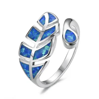 White Simulated Opal Leaves Ring | Adjustable Silver Band