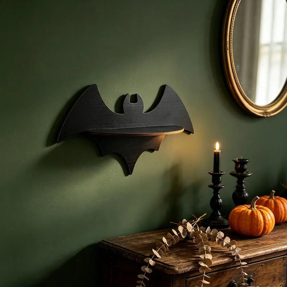 Halloween Floating Wall Shelf – Gothic Ghost & Bat Wood Décor