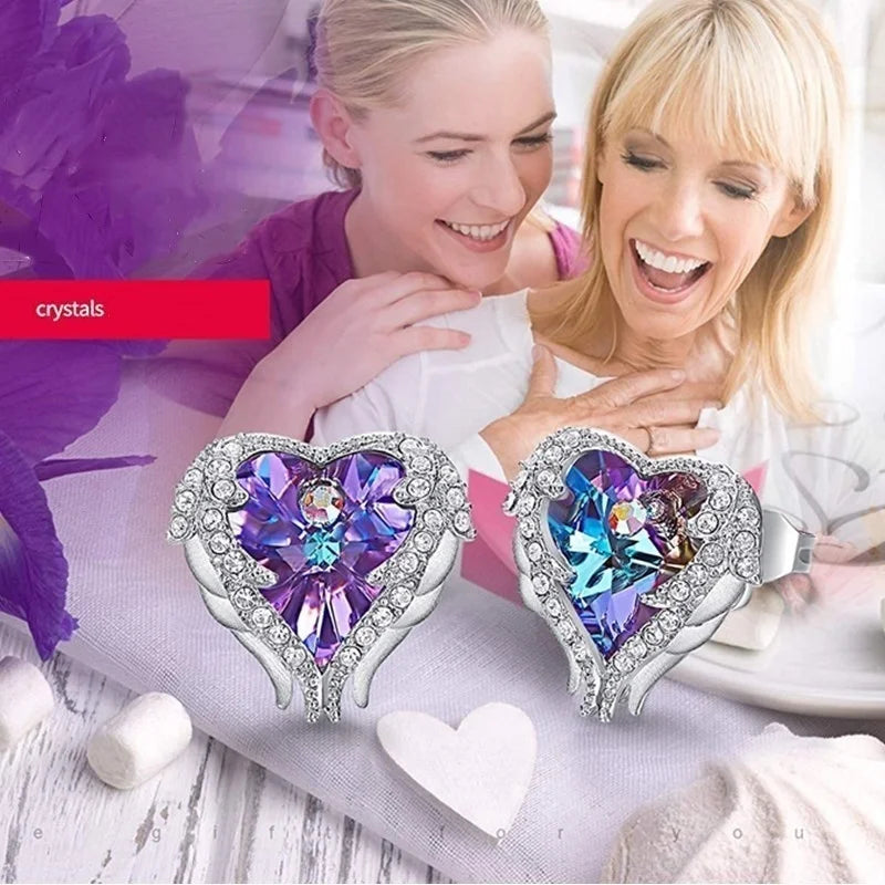 Silver Angel Wing Heart Crystal Stud Earrings for Women Crystal Stud Earrings Nixie