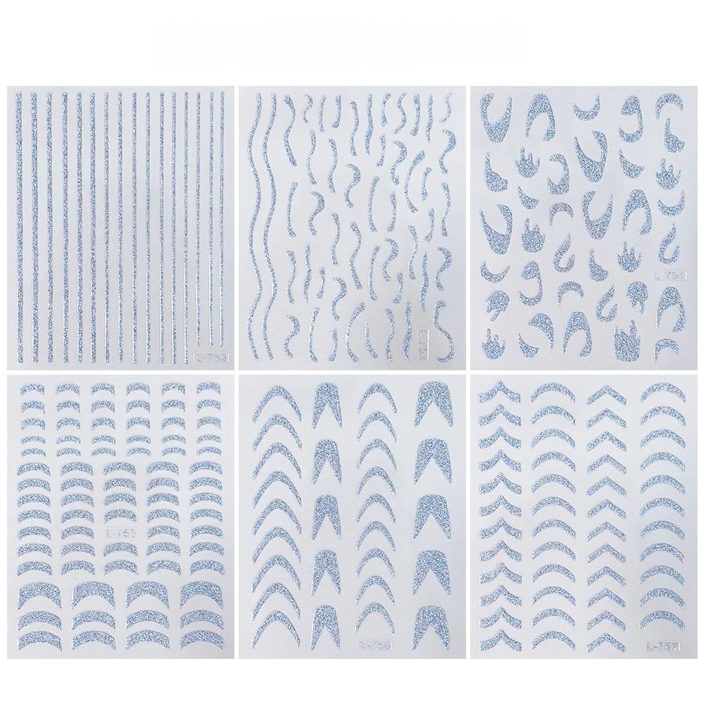 6 Sheet French 3D Nail Decals Reflective Glitter Stripe Stickers Nail Art Stickers Nixie 6pcs