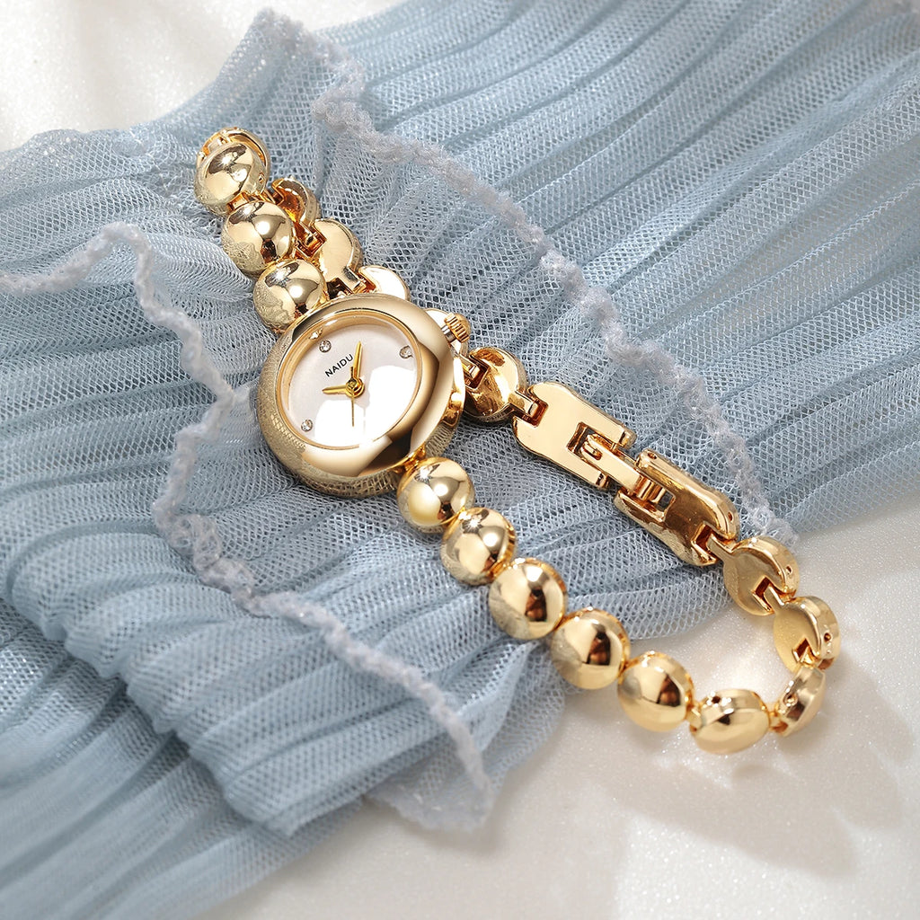 Gold Bead Chain Women's Quartz Watch – Rhinestone White Dial