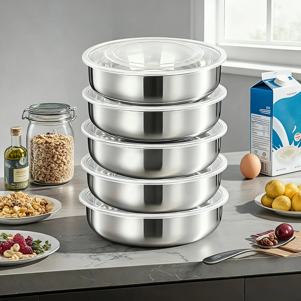 5-Piece Stainless Steel Mixing Bowls with Lids | Baking & Meal Prep Mixing Bowl Set Nixie 5PC
