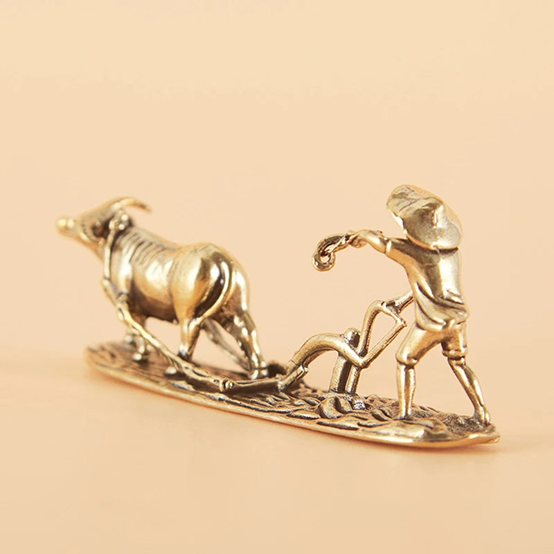 Antique Brass Tea Pet Figurine – Farmer & Cow Collectible Brass Figurine Nixie