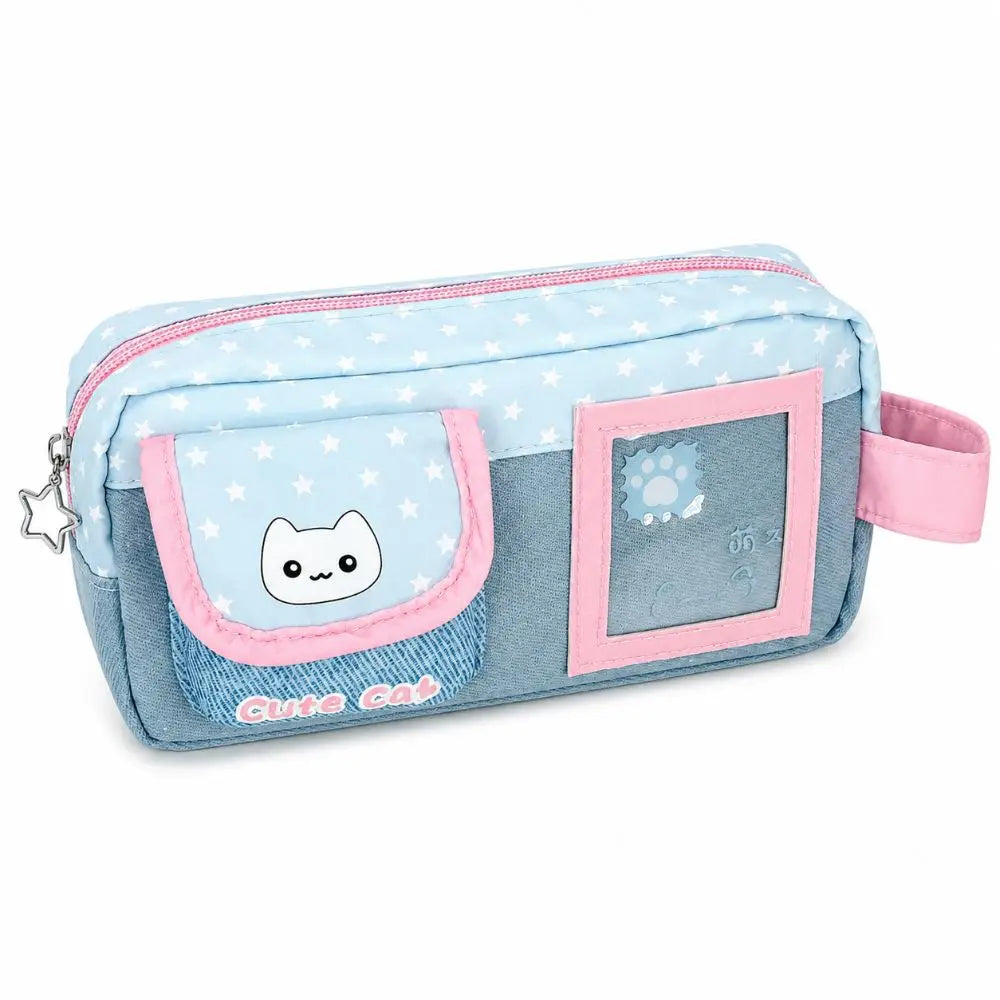 Denim Patchwork Pencil Case | Cat Print Large Capacity Pen Bag