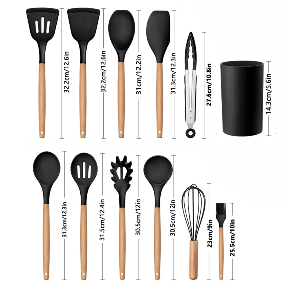 12-Piece Silicone Kitchen Utensils Set – Wooden Handles Silicone Utensil Set Nixie
