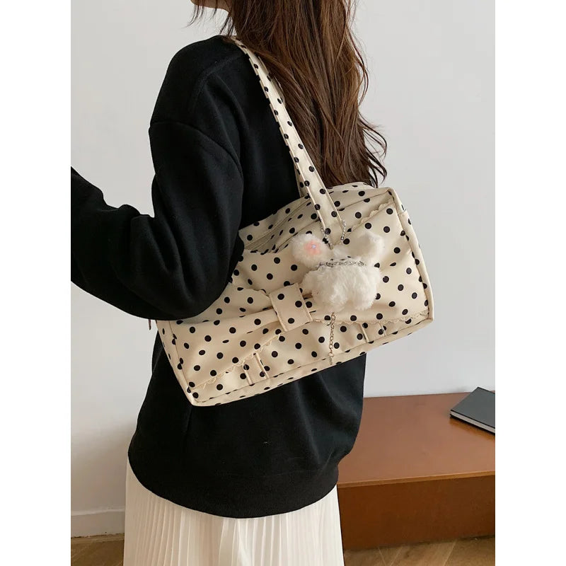 Nixie Polka Dot Canvas Shoulder Bag – Large Capacity Women