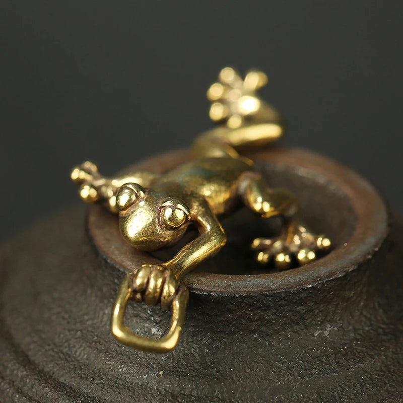 Solid Brass Leaping Frog Miniature Statue Keychain & Décor
