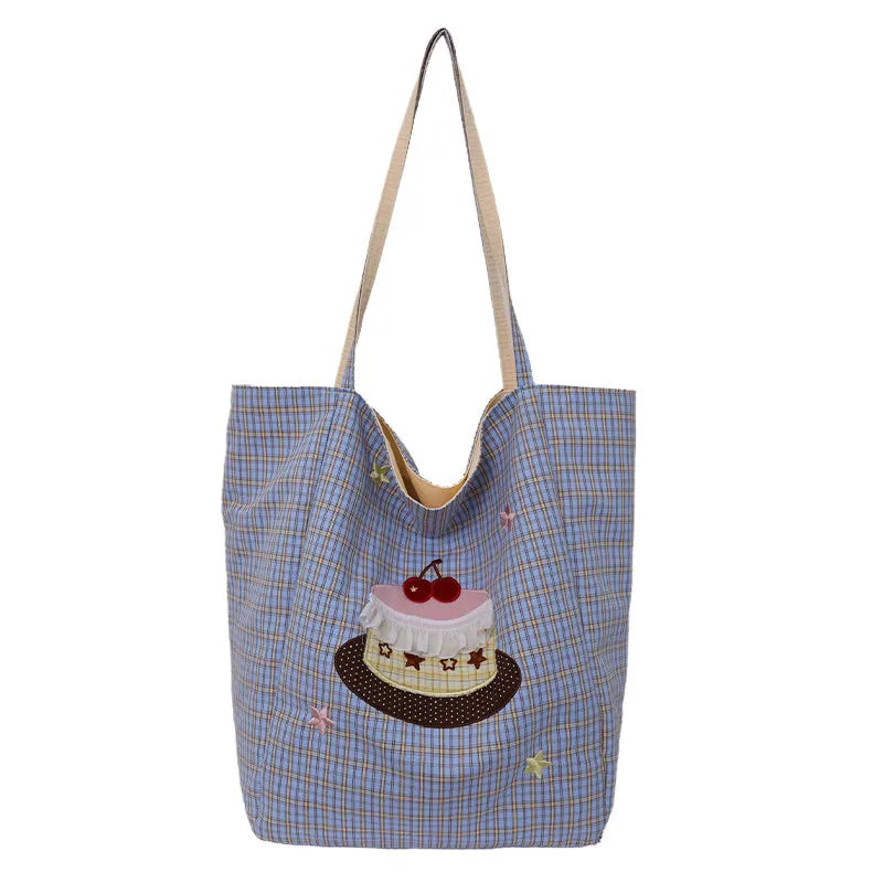 Embroidered Plaid Canvas Tote Bag – Large Women's Shoulder Bag Canvas Shoulder Tote Nixie