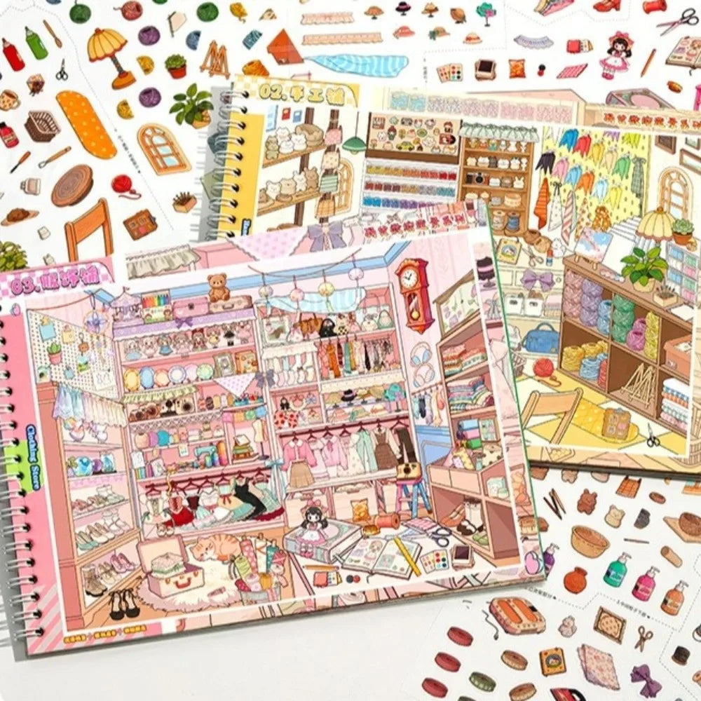 Miniature Shop Scene Sticker Book – 8 Scenes & 24 Sheets DIY Craft Sticker Book Nixie