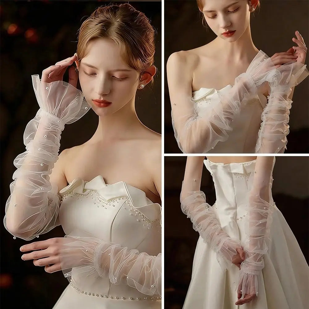 Elegant White Lace Bridal Gloves with Pearls & Ruffles Bridal Gloves Nixie