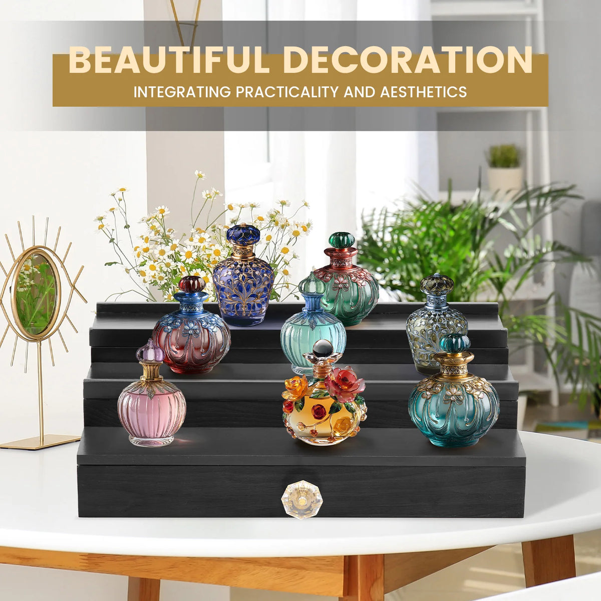 Wooden 3-Tier Perfume Organizer Stand with Drawer | Nixie Perfume Display Stand Nixie