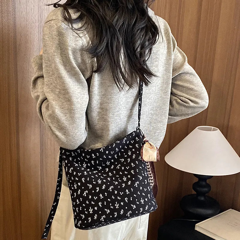 Retro Floral Canvas Bucket Bag – Korean-Style Women's Tote Canvas Bucket Bag Nixie