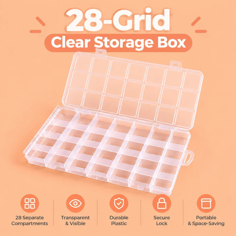Transparent 28-Grid Box with Card Holders – Nail, Bead & Jewelry Compartment Storage Box Nixie 28 Grids