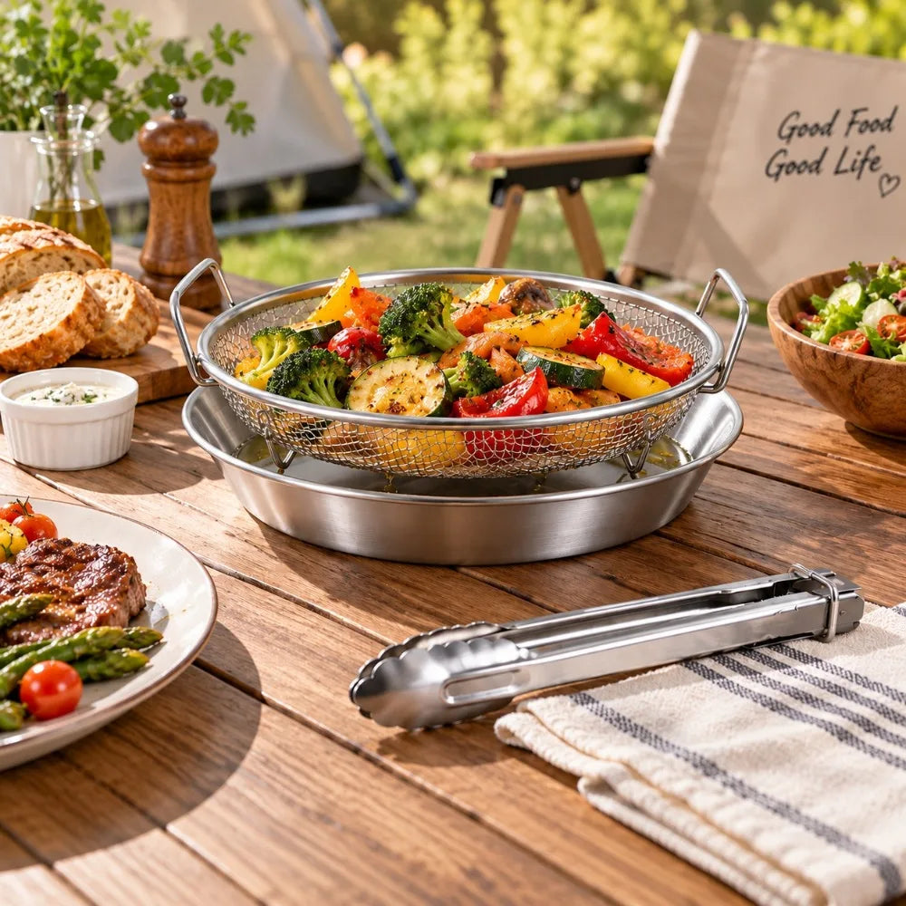 3-Piece Stainless Steel Kitchen Set: Drain Basket, Tray & Tongs Kitchen Tool Set Nixie