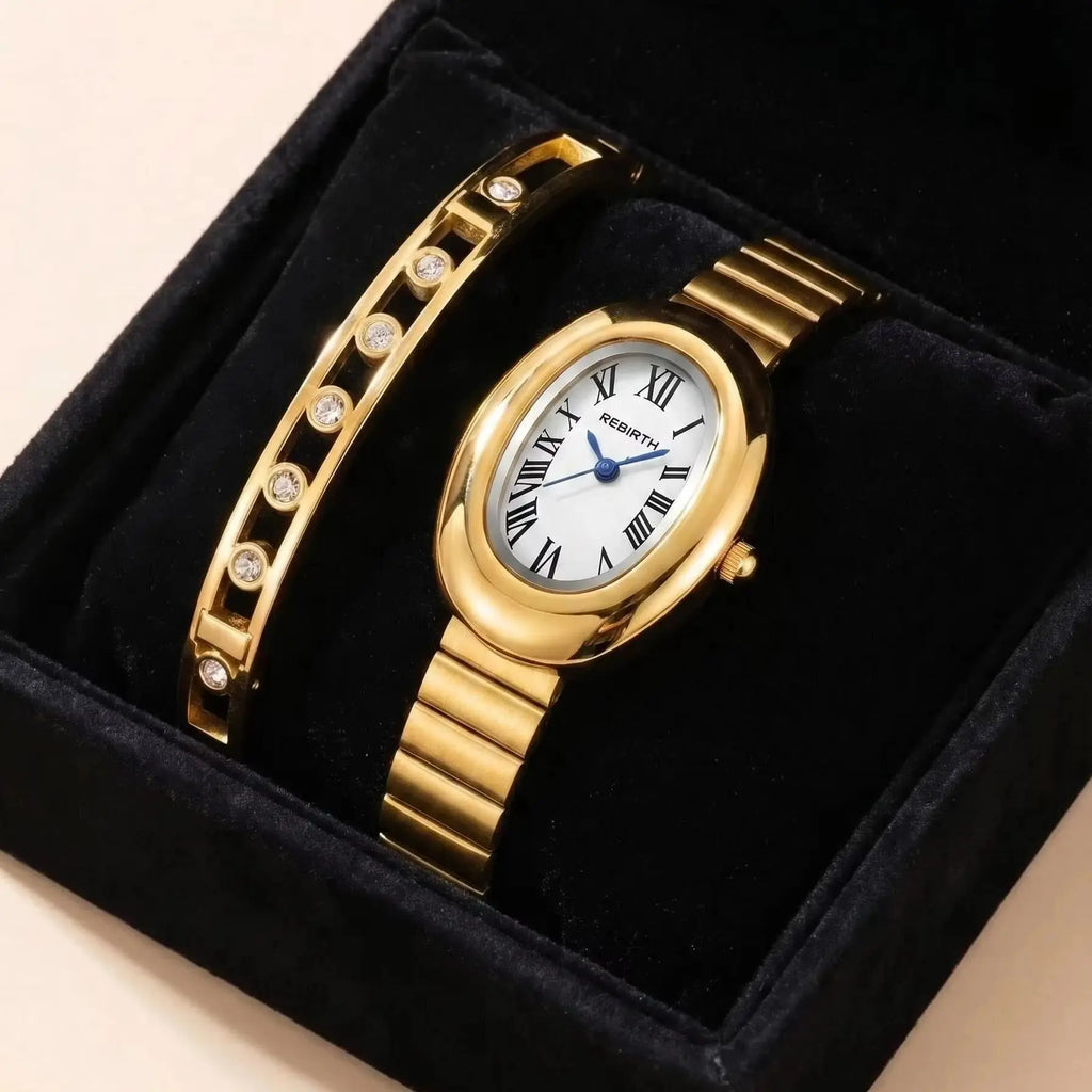 Women's Gold Watch & Bracelet Set – Quartz Roman Numeral Dial Watch & Bracelet Set Nixie