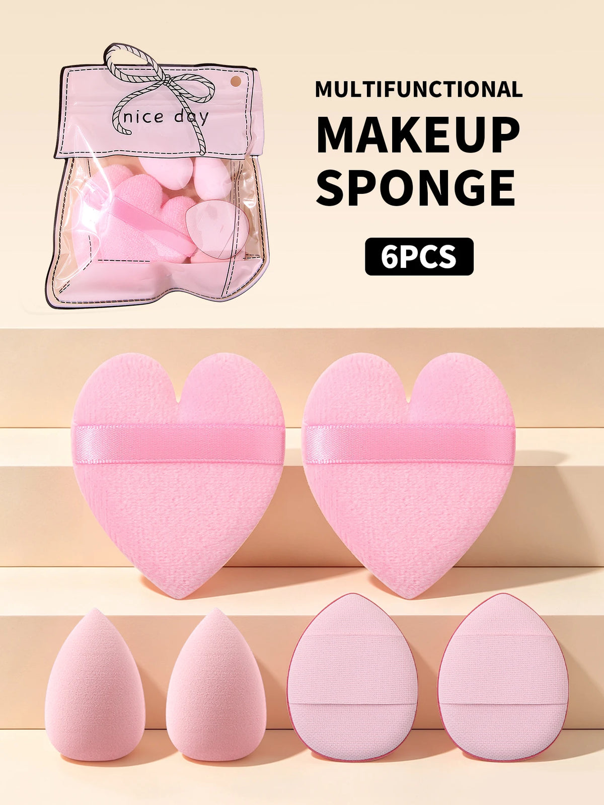 6-Piece Heart Shape Makeup Puff Set with Storage Bag Makeup Sponge Set Nixie Pink