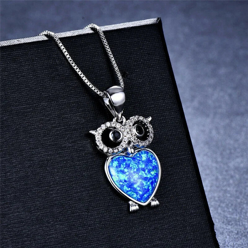 Owl & Crystal Heart Imitation Opal Pendant Necklace Pendant Necklace Nixie