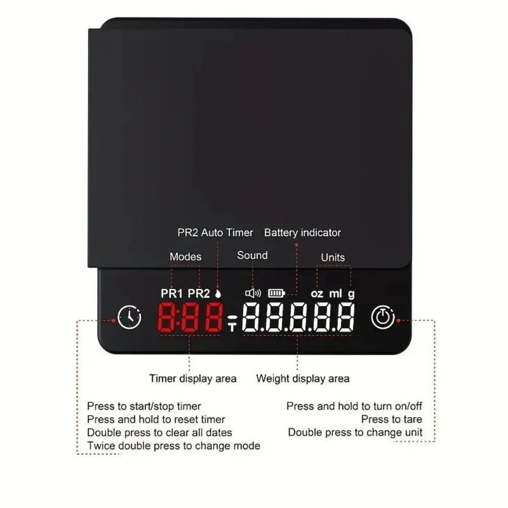 Mini Digital Coffee Scale 2kg, 0.1g Accuracy & Timer
