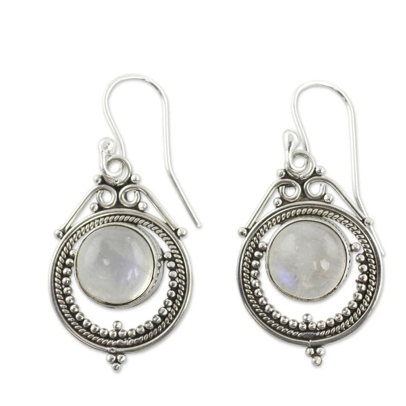 Moonstone Vintage Ball Dangle Earrings – Silver Drop Style Dangle Drop Earrings Nixie Silver