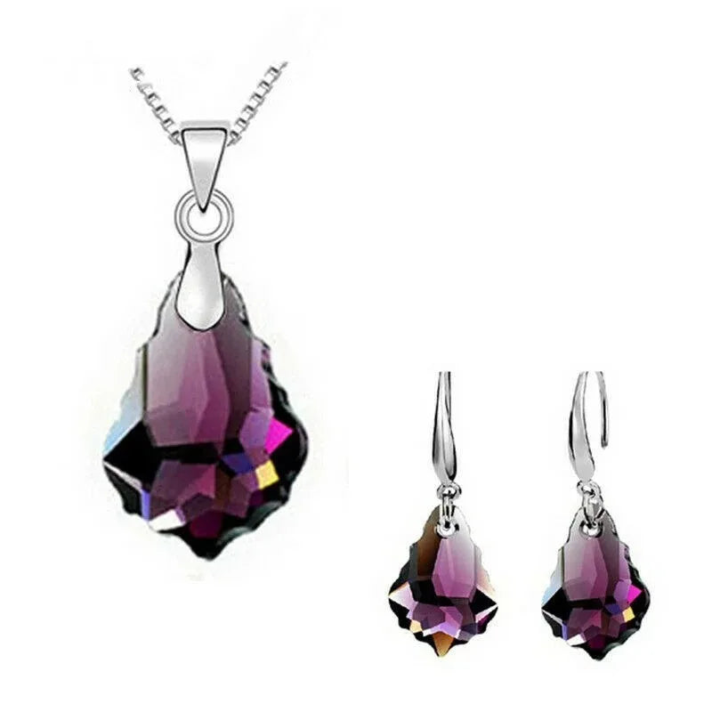 Women's Silver Purple Crystal Drop Necklace & Earrings Set Crystal Jewelry Set Nixie