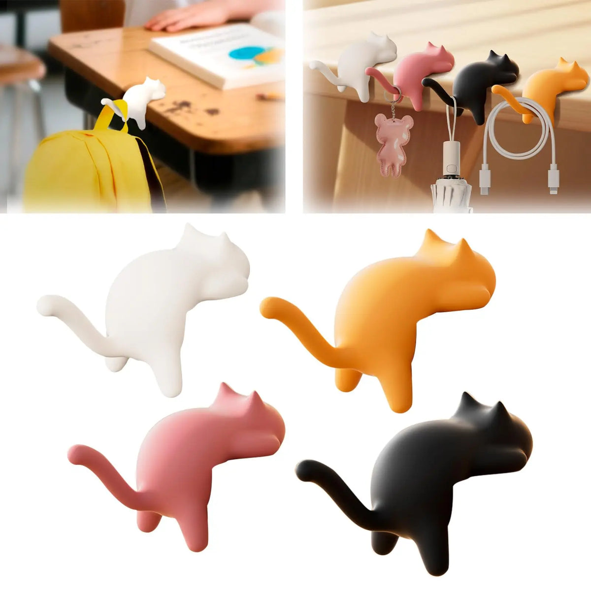 4 PCS Cat Shaped Adhesive Desk Hooks – Kitchen & Office Adhesive Wall Hooks Nixie