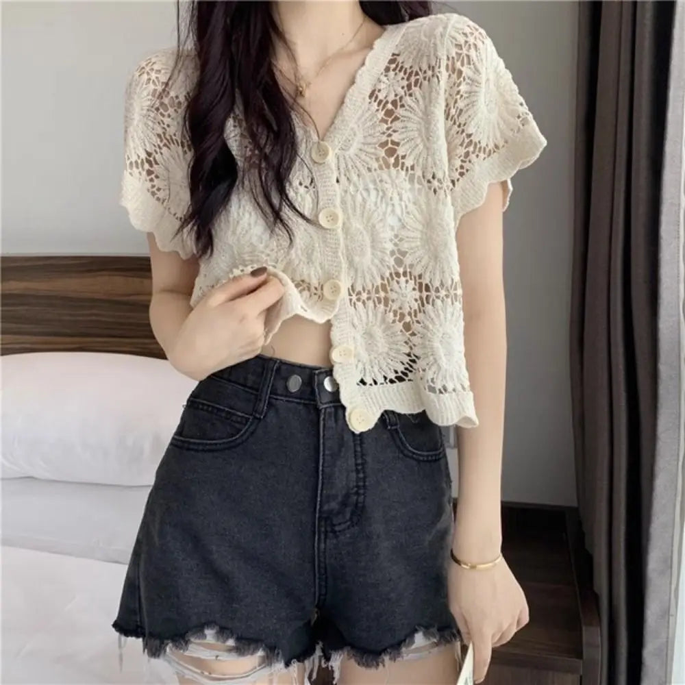 Women's V-Neck Crochet Cardigan Open-Knit Boho Blouse