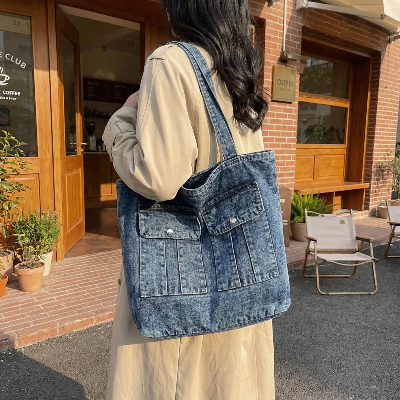 Vintage Denim Tote Bag – Large Women's Shoulder & Commuter Bag Denim Tote Bag Nixie