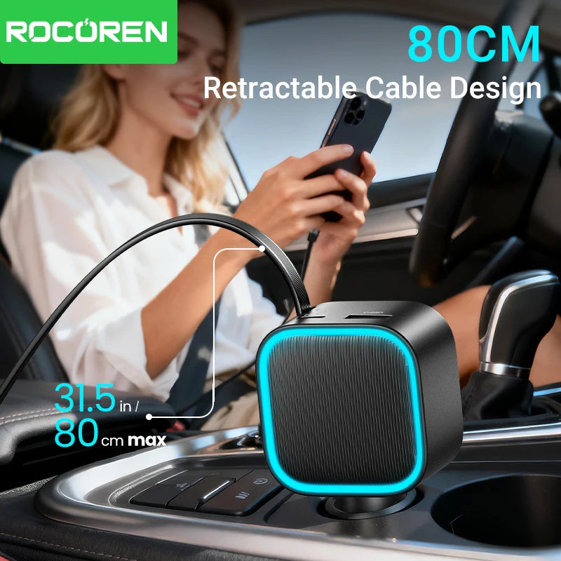 Rocoren 3-in-1 PD 30W Retractable Car Charger 2C+A Ports Car Charger Adapter Nixie