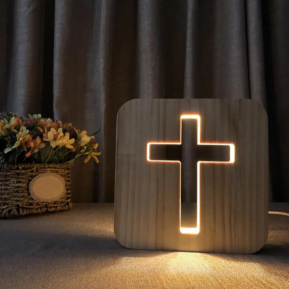 3D Wooden Cross USB LED Night Light – Christian Table Décor