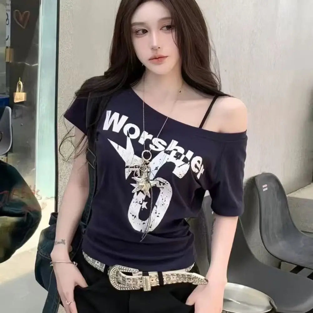 Y2K Off Shoulder Crop Top | Letter Print Skew Collar Tee Off Shoulder Crop Top Nixie