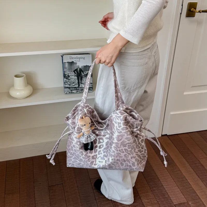Korean Vintage Leopard Print Tote Bag – Large Women's Shoulder Bag Leopard Print Tote Bag Nixie