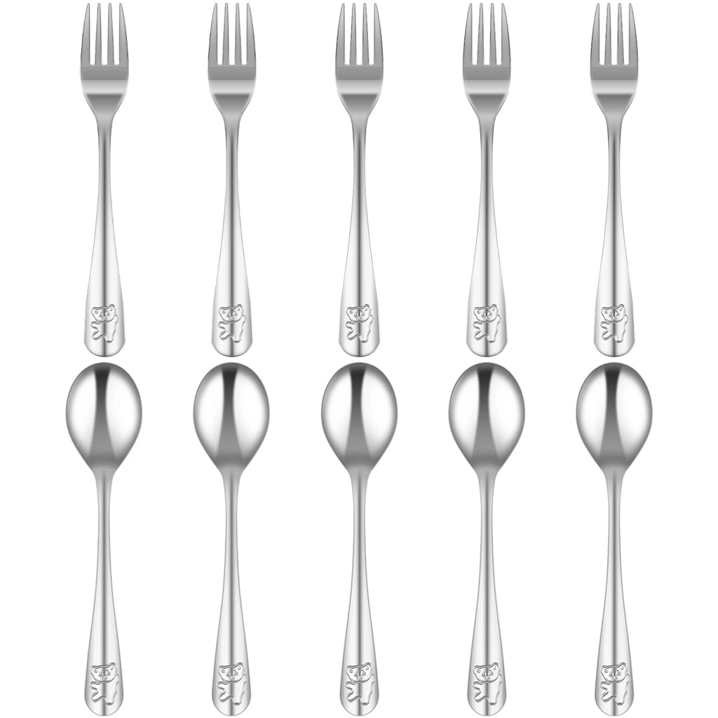 10-Piece Kids Stainless Steel Fork & Spoon Set – Cartoon Bear Kids Flatware Set Nixie silver 16cm