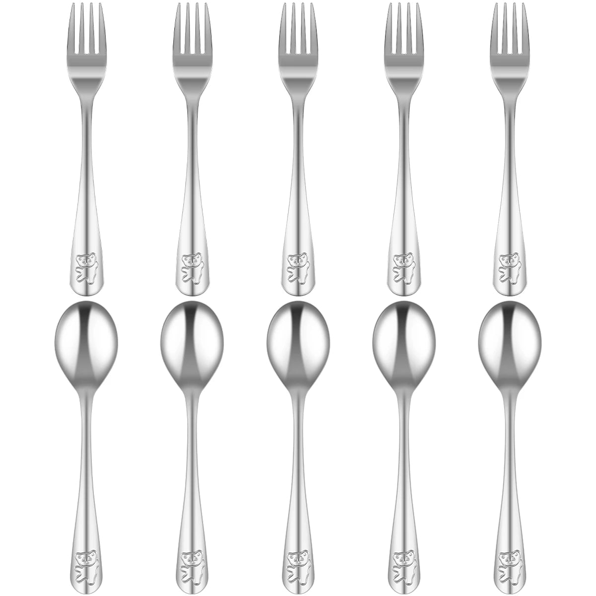 10-Piece Kids Stainless Steel Fork & Spoon Set – Cartoon Bear Kids Flatware Set Nixie silver 16cm