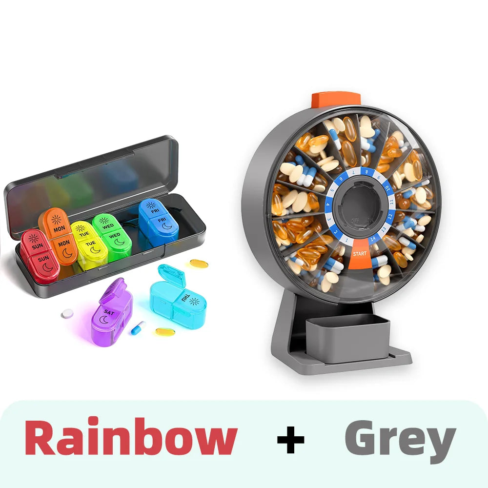 14-Day & 7-Day Pill Organizer Set – Home & Travel Case Pill Organizer Set Nixie Rainbow-Grey