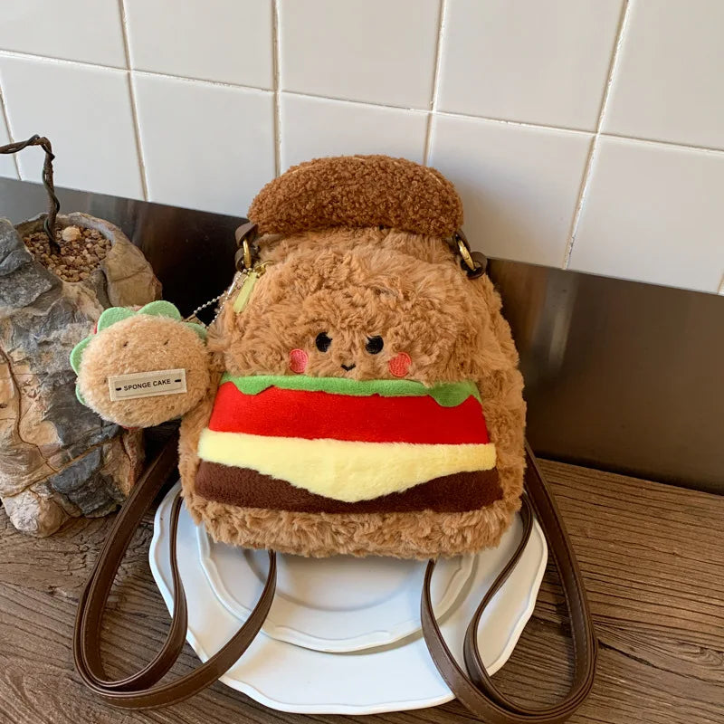 Cute Plush Hamburger Mini Backpack | Novelty Bag for Women Novelty Mini Backpack Nixie Brown (without penda 12 inches