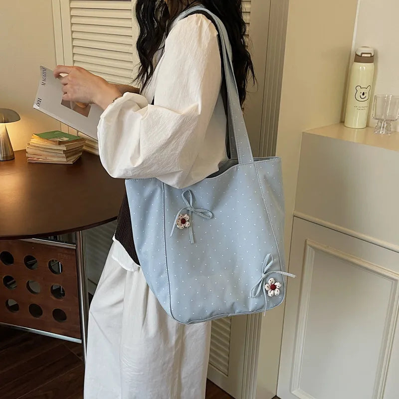 Korean Polka Dot Canvas Tote Bag – Large Shoulder Bag Women Canvas Shoulder Tote Nixie