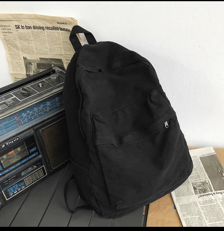 Vintage Canvas Backpack Y2K Preppy Laptop Travel Bag Unisex Canvas Backpack Nixie BB-089-Black
