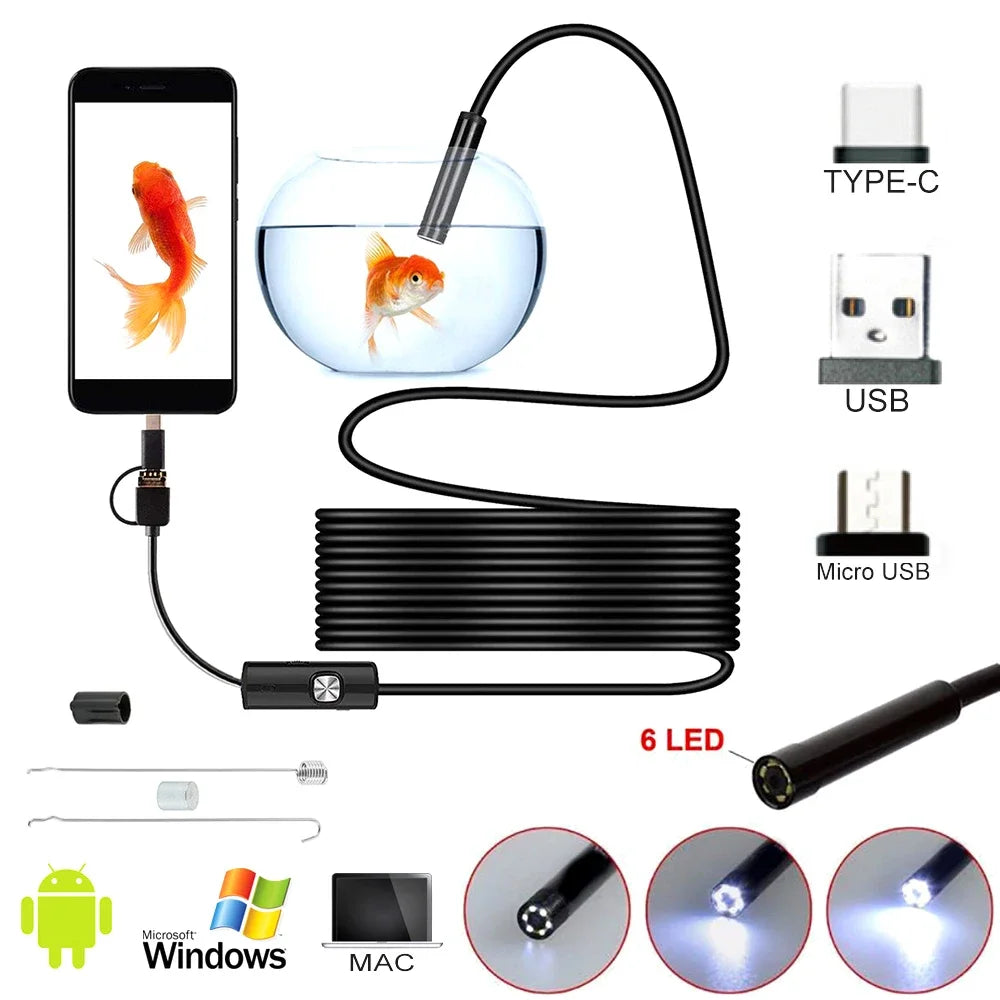 5.5mm USB Borescope Inspection Camera – IP67 Waterproof 6 LEDs