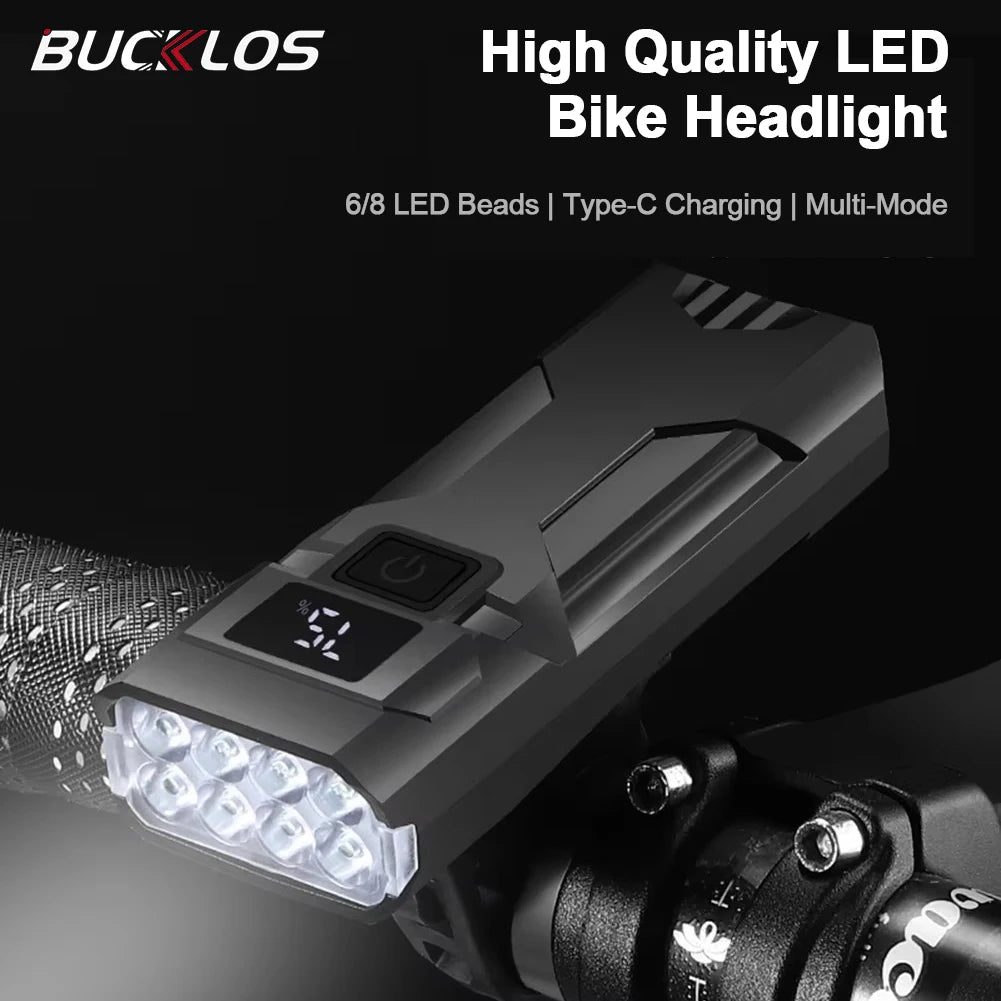 BUCKLOS 6/8 LED Bike Front Light USB-C Rechargeable IPX5 Bicycle Headlight Nixie
